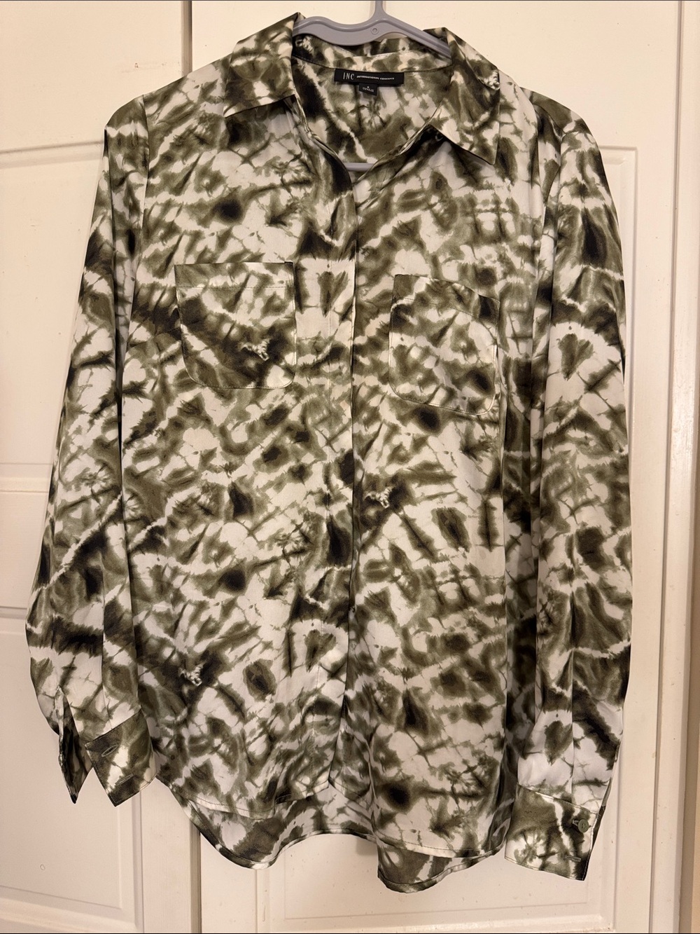 INC Women’s Olive Green Tie-Dye Button-Up Shirt